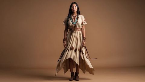 Elegant bohemian native american woman in studio with fringed hem dress and jewelry