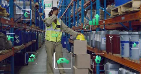 Surveying worker with safety vest in tech-enhanced warehouse