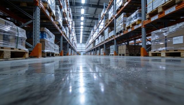 Polished warehouse aisle with symmetrical pallet racking and glossy concrete floor