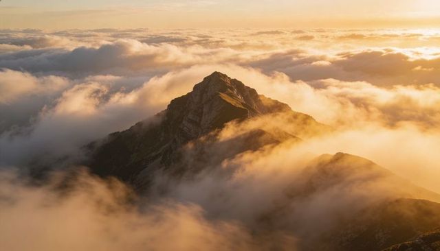 Rising jagged mountain peak casting long shadows above sea of clouds at golden hour