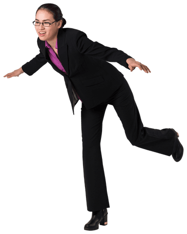Transparent businesswoman balancing in black suit mid-step concept