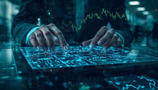 Corporate trader analyzing financial data on touchscreen