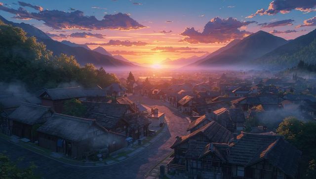 Golden sunset bathing mountain village in valley, winding paved street and glowing tiled roofs
