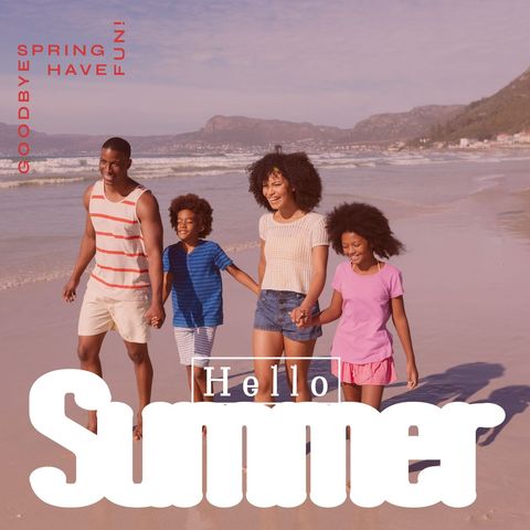 Family enjoying summer beach walk with enthusiastic text overlay
