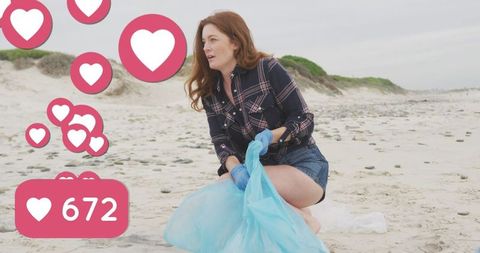 Woman volunteering for beach cleanup illustrating social media support