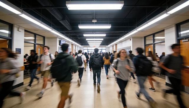 Central student walking down busy school hallway wearing dark hoodie backpack motion blur