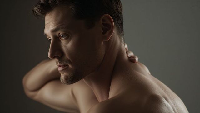 Contemplative shirtless man reaching neck studio portrait with soft directional lighting