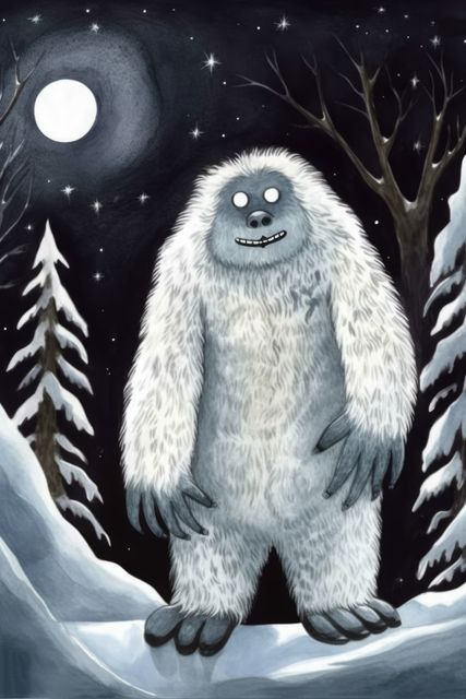 Snow yeti, full moon and trees covered in snow, created using generative ai technology. Yeti, winter scenery and beauty in nature concept digitally generated image.