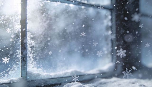 Frosted Cozy Cabin Window with Delicate Falling Snowflakes, Soft Winter Light and Bokeh