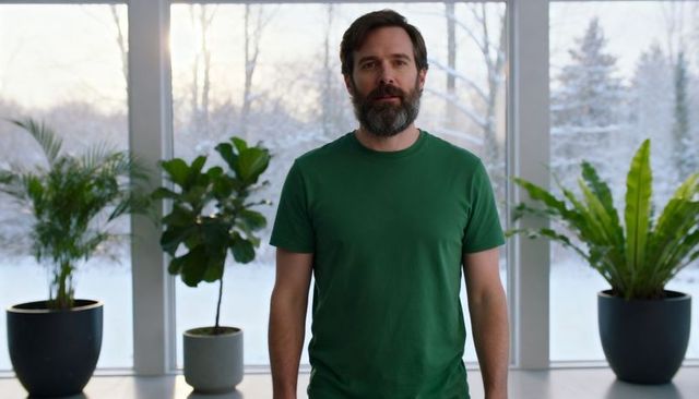 Bearded man standing in bright sunroom wearing green t-shirt with indoor potted plants