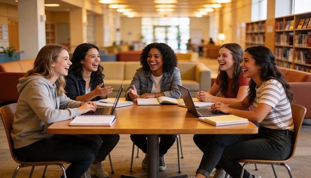 Studying and collaborating — college students using laptops in library study group