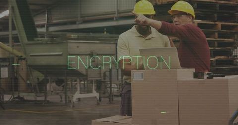 Warehouse supervisor pointing and guiding worker with laptop among boxes and conveyor