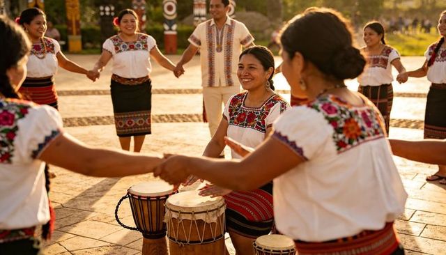 Women celebrating in circle drumming and smiling in embroidered traditional garments