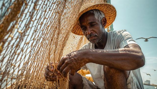 Senior indian fisherman mending woven net on boat in sunlit seascape