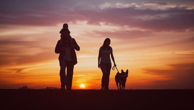 Family Walking Together at Sunset in Serene Landscape