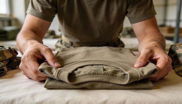 Soldier folding olive-drab t-shirt on barracks table arranging uniform gear for inspection