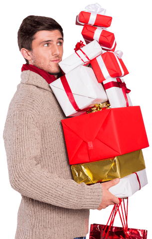 Young Man Carrying Multiple Christmas Presents on Transparent Background