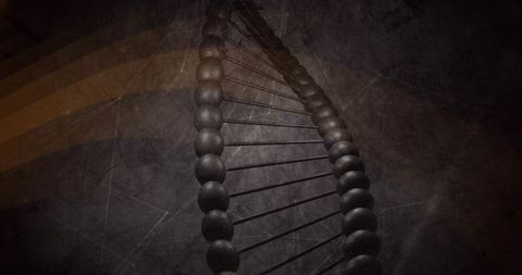 Dark spiraling bead helix with metallic rods, textured scratched backdrop, moody 3d render