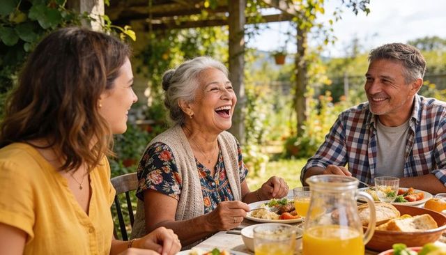 Laughing grandmother and family enjoying outdoor brunch in garden with fresh juices