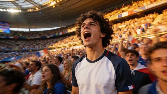 Curly-haired fan shouting in packed stadium during thrilling football match excitement