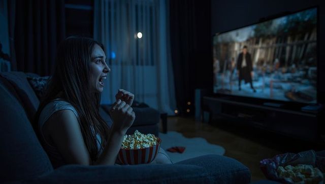 Woman enjoying movie night at home with popcorn