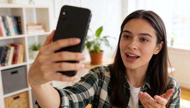 Young woman holding smartphone, talking and gesturing during video call in home office