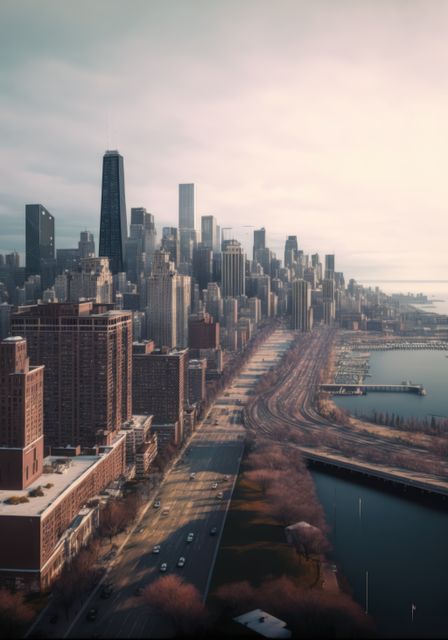The scene showcases the bustling skyline of Chicago with its iconic high-rise buildings as dusk falls, painted in warm evening hues and a serene lakeshore drive following the curve of Lake Michigan. Provides a perfect visual for articles, travel brochures, social media posts, and publications focusing on urban life, architecture, travel destinations, and Chicago's distinct skyline.