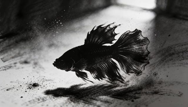 Monochrome ink betta fish with flowing fins, charcoal brushwork and dramatic high-contrast