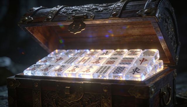 Glowing mahjong tiles resting in ornate treasure chest evoking mystic asian game relic