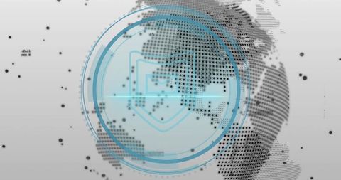 Futuristic cybersecurity hud with shield icon and dotted global network visualization