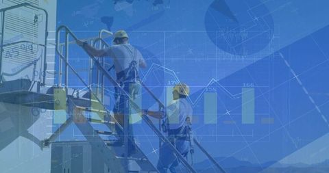 Industrial technicians climbing stairway with safety harnesses and data analytics overlay