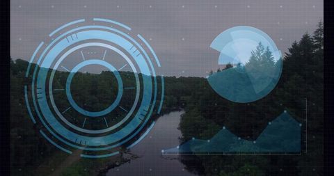 Futuristic hud overlay hovering over forest river valley, circular reticle and data charts