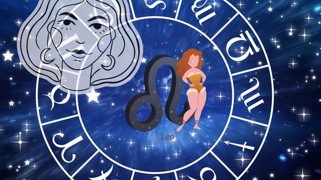 Astrological symbols of the zodiac are displayed over a starry blue background, with a prominent animated Leo character in the center. Ideal for horoscope enthusiasts, mystical themes, astrology blogs, or digital interfaces related to astrological readings.