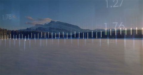 Snowy Mountain Peaks with Data Visualization Overlay at Sunset