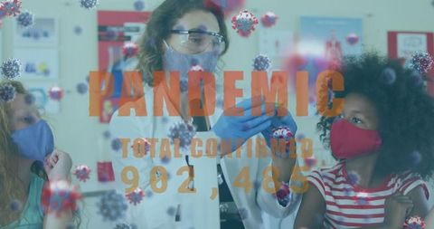 Teacher and Students in Laboratory with Pandemic Data Overlay