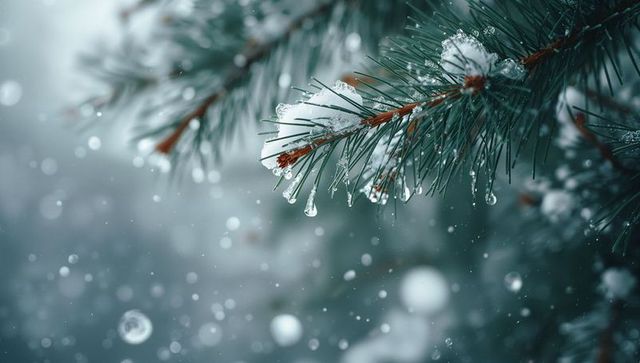 Winter Pine Branch with Snow and Ice Droplets