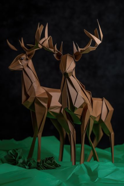 Close up of brown origami figures of two deer, created using generative ai technology - Download Free Stock Photos Pikwizard.com