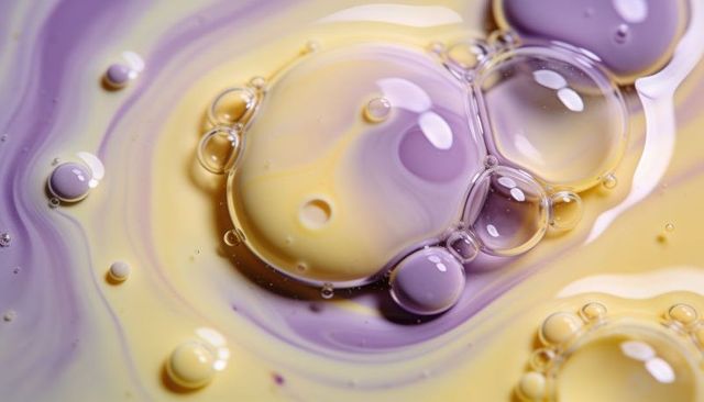 Marbled lilac and yellow oil bubbles forming abstract liquid swirls