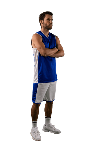 Hispanic Athlete in Blue and White Kit on Transparent Background