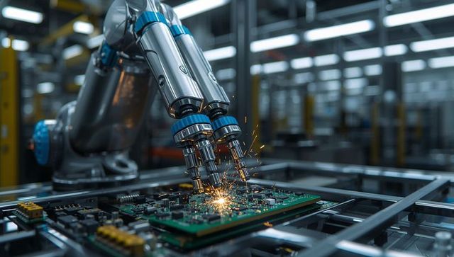 Robotic arm soldering circuit board in electronics facility
