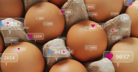 Brown eggs in carton overlaid with social media icons