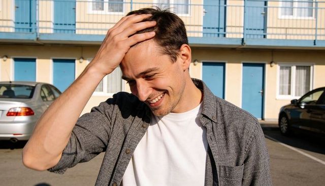 Laughing man touching head in sunny motel parking lot with blue doors and casual outfit