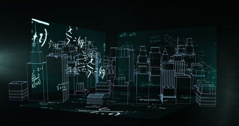 Futuristic 3d wireframe city with floating equations in virtual simulation