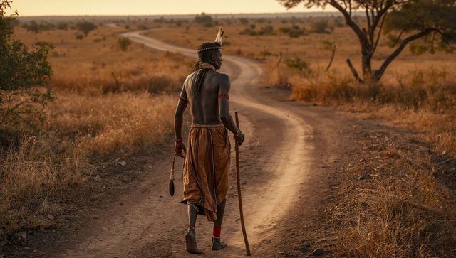 Tribal man walking winding savanna road at golden hour carrying staff and whisk