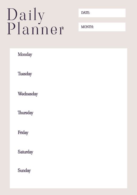 Ideal for managing weekly tasks, this minimalist daily planner template promotes organization and productivity. Suitable for both personal and professional use, it simplifies planning for each day of the week. Printable or usable in digital format, perfect for those who want to keep track of appointments, chores, activities, and goals.