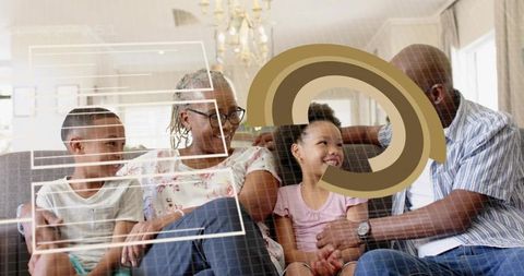 Multigenerational family sharing warm moment on sofa in sunlit living room with overlay graphics