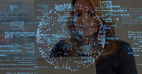 Software developer coding with futuristic data network interface