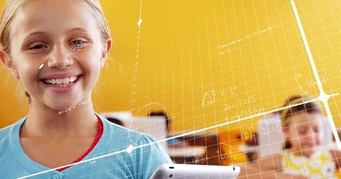 Young student engages with interactive math technology in classroom