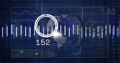 Futuristic hud radar interface with global grid, waveform analytics and control dashboard