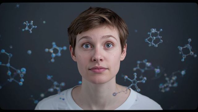 Short-haired woman surrounded by floating molecular models, futuristic science headshot